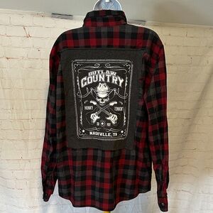 Upcycled Outlaw Country Plaid Button Down Shirt Sz XL